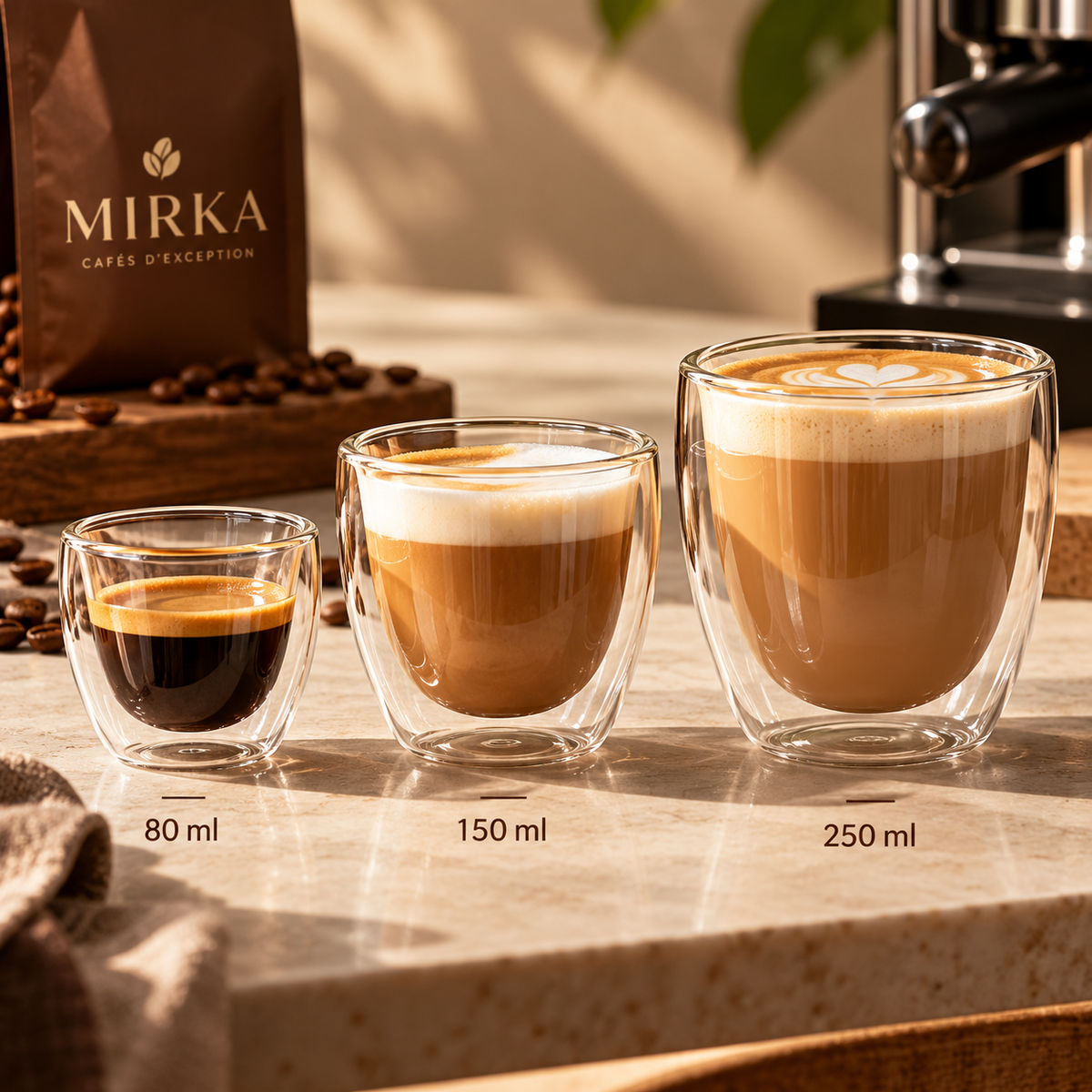 Pack promotionnel Mirka de 3 tasses double paroi 80 ml, 150 ml et 250 ml